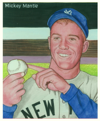 Picture, Helmar Brewing, R319-Helmar Card # 129, Mickey MANTLE (HOF), Pointing At Ball, New York Yankees